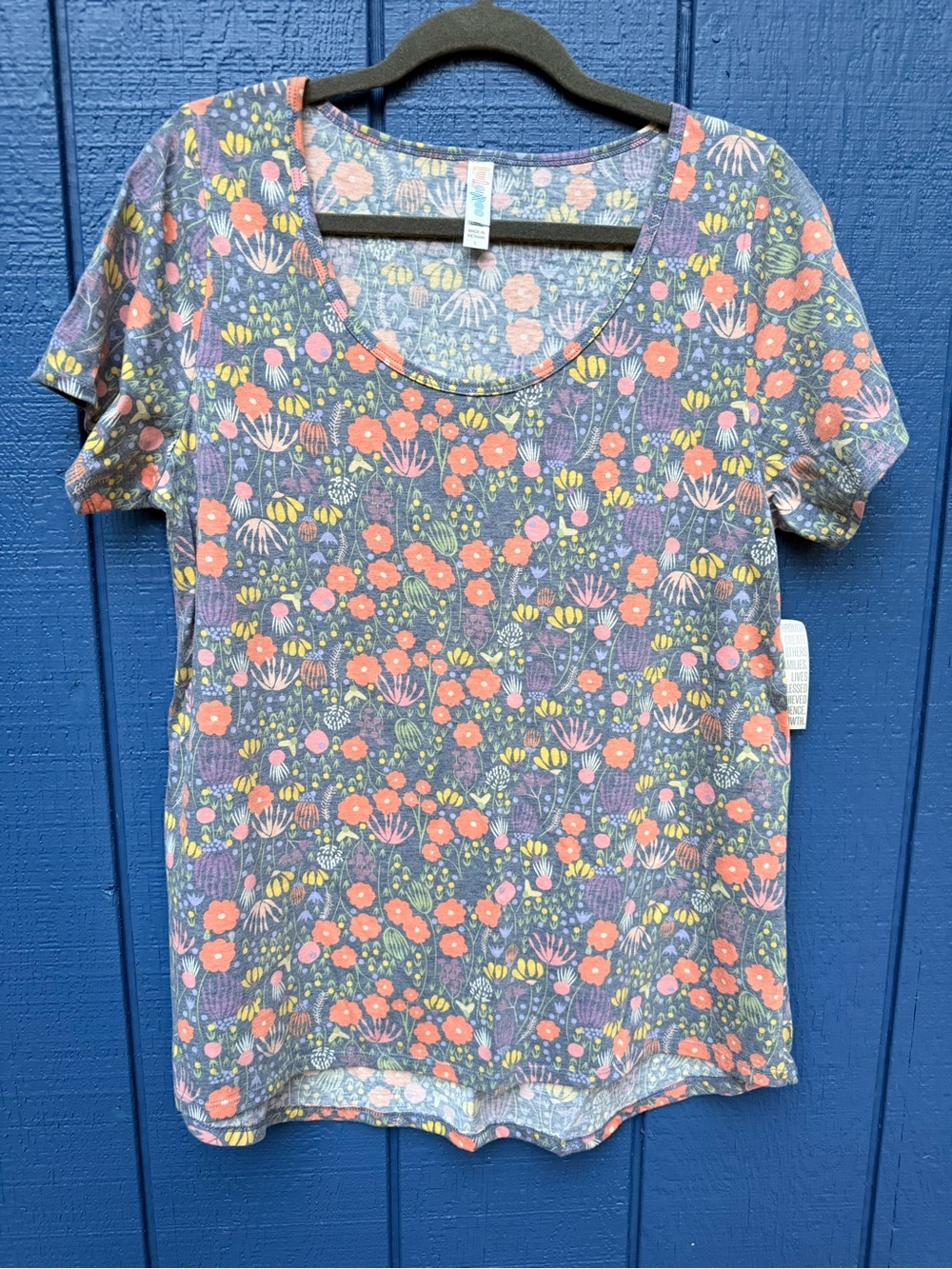 LuLaRoe Purple Scoop Neck Tee with Coral and Yellow Floral Print